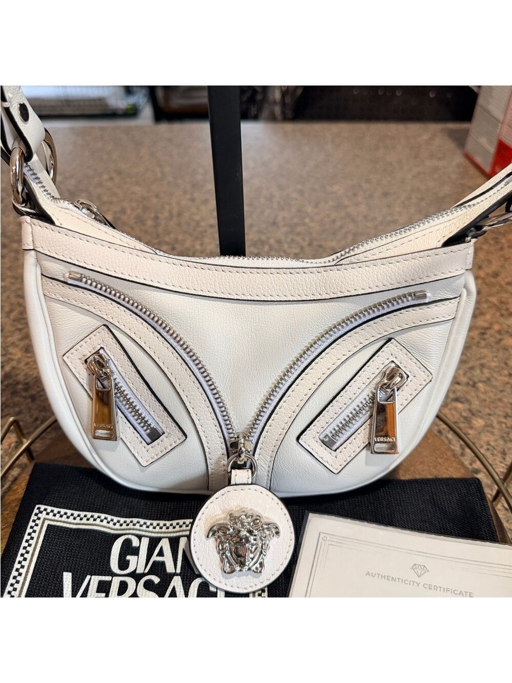Versace Mini Repeat White Leather Crossbody Bag